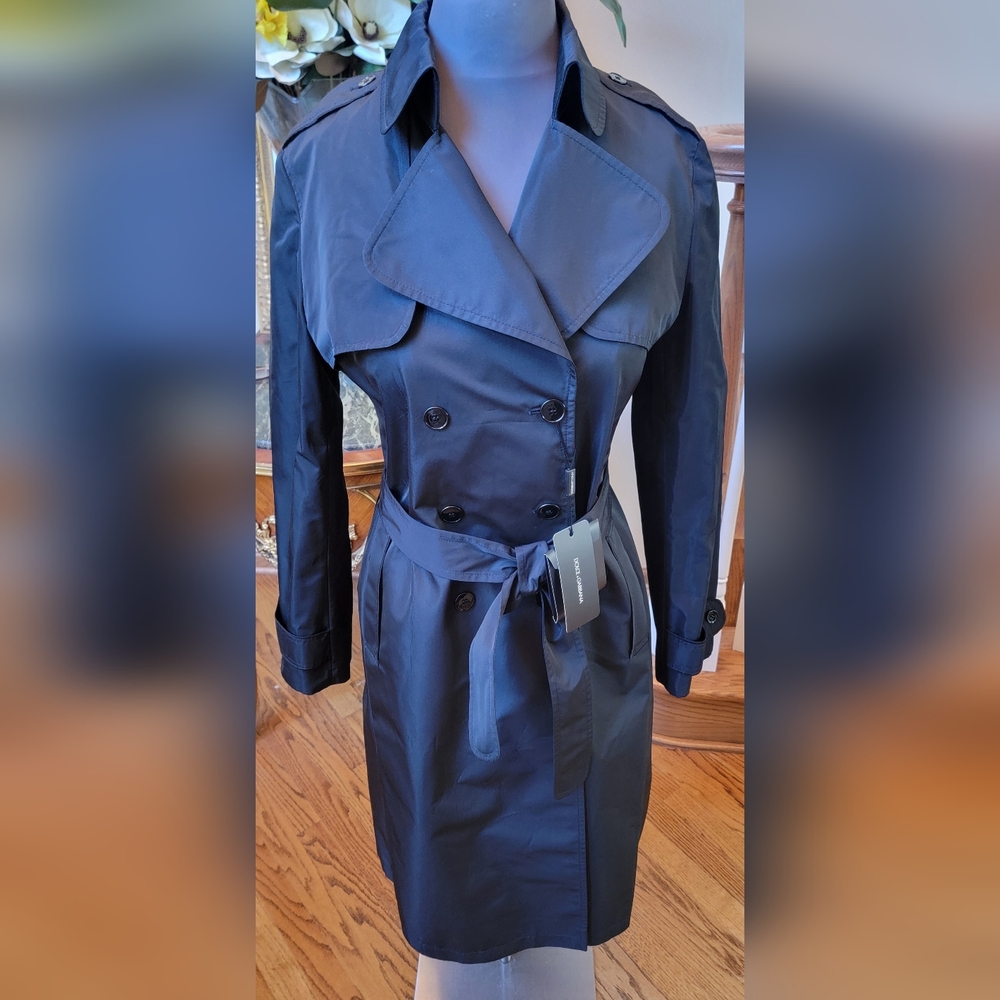 NWT DOLCE & GABBANA BLACK BELTED DOUBLE BREASTED TRENCH COAT 46 10